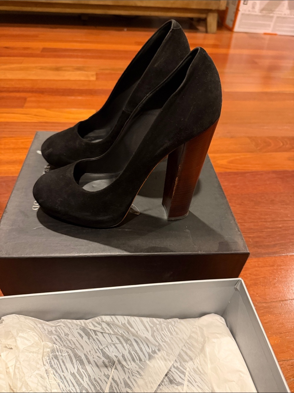 Brian Atwood Black Suede Round-Toe High Block Heels